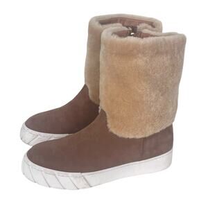 Aquatalia Nelle Suede & Shearling Boot 8.5 Chestnut Tan & Sand Mid Calf Side Zip